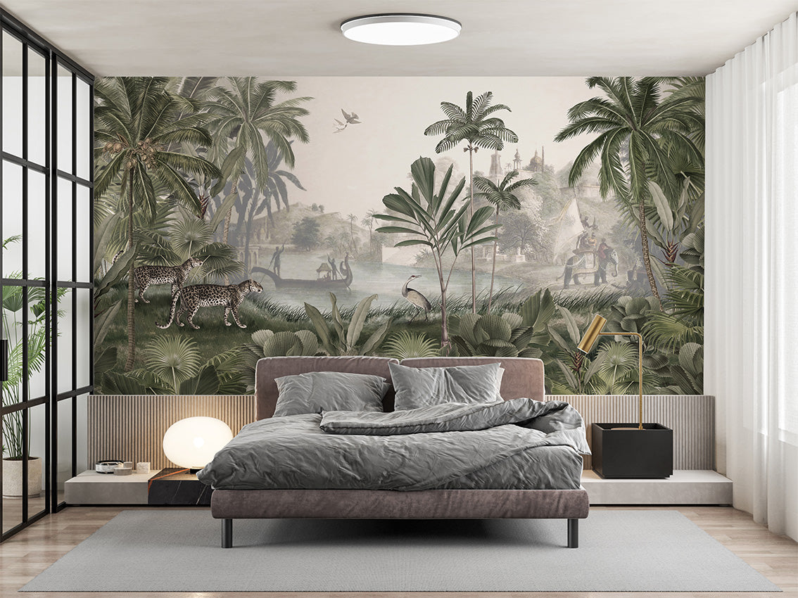 Leopard Landscape - Green luxury wallpaper interior room:bedroom — Artehub Egypt
