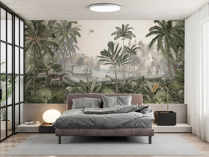 Leopard Landscape - Green luxury wallpaper interior room:bedroom — Artehub Egypt