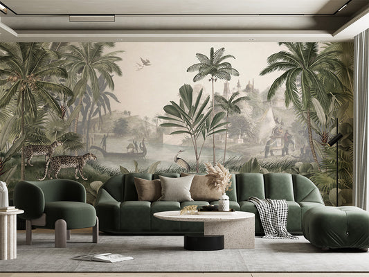 Leopard Landscape - Green luxury wallpaper interior room:livingroom — Artehub Egypt