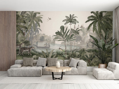 Leopard Landscape - Green luxury wallpaper interior room:livingroom — Artehub Egypt