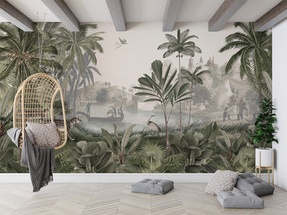 Leopard Landscape - Green luxury wallpaper interior room:livingroom — Artehub Egypt