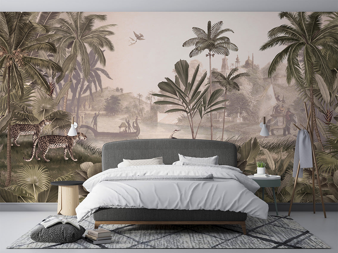 Leopard Landscape - Sepia luxury wallpaper interior room:bedroom — Artehub Egypt