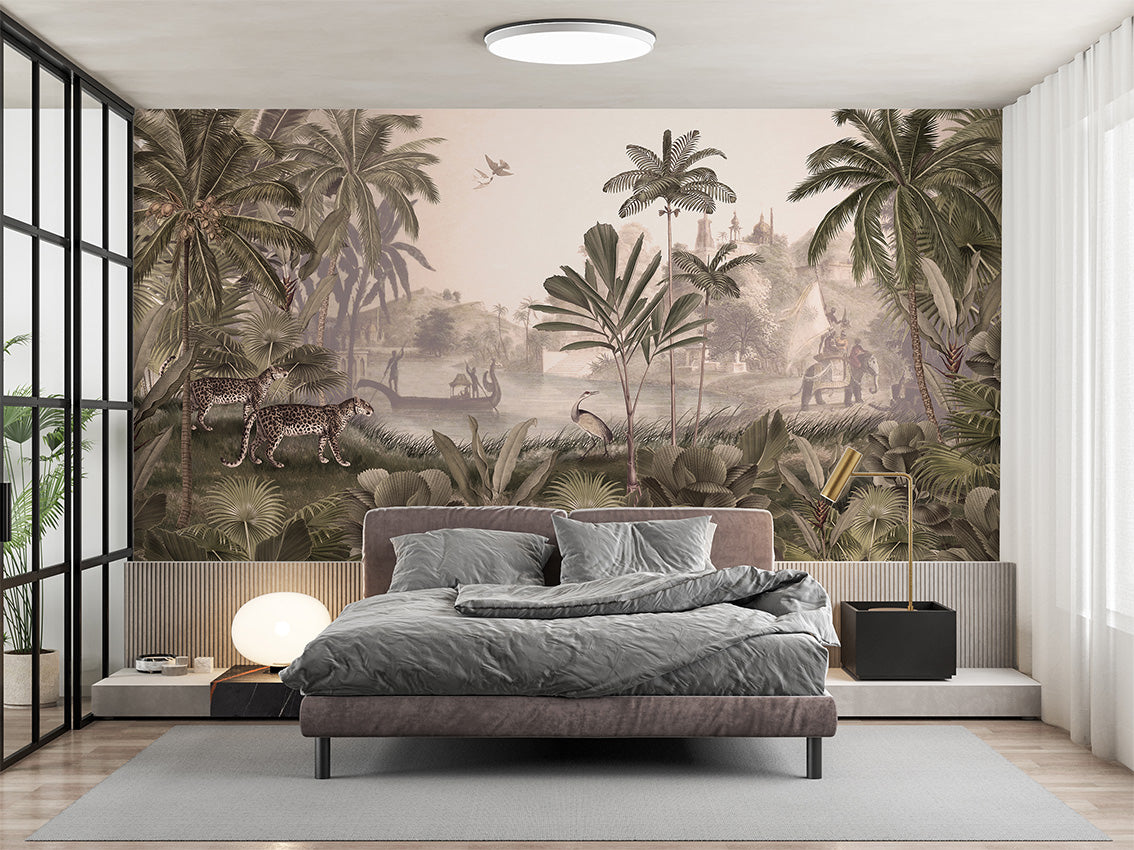 Leopard Landscape - Sepia luxury wallpaper interior room:bedroom — Artehub Egypt