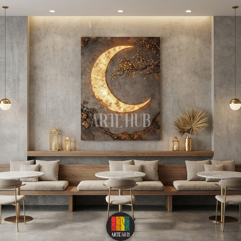 A large glowing crescent moon canvas wall art, featuring gold branches, hangs above a beige sectional sofa in a modern living room in Egypt, enhancing contemporary home decor.
تابلوه كانفاس كبير بتصميم هلال مضيء وفروع ذهبية، معلق فوق كنبة ركنية بيج في غرفة معيشة عصرية في مصر، يضيف لمسة ديكور فنية.