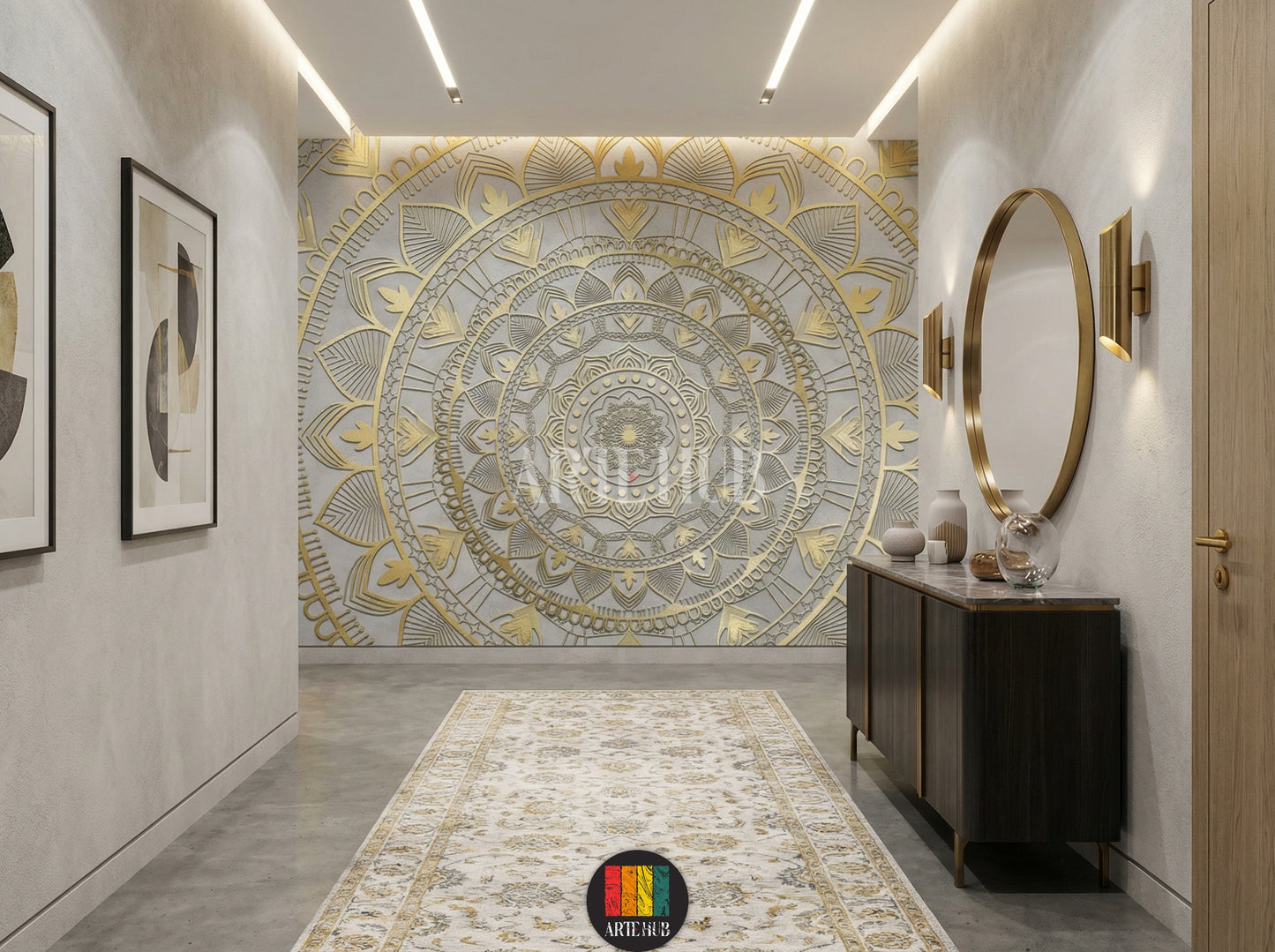A luxurious hallway featuring a stunning gold 3D mandala patterned wallpaper. The wall art adds an opulent touch to the modern Egyptian interior design, complementing blue velvet chairs and a crystal chandelier. Perfect for stylish homes in Egypt.
ممر فاخر يتميز بورق حائط بتصميم ماندالا ذهبي ثلاثي الأبعاد. يضيف هذا التابلوه لمسة فنية راقية لديكورات المنازل العصرية في مصر، مع كراسي مخملية زرقاء وثريا كريستال.
room: hallway