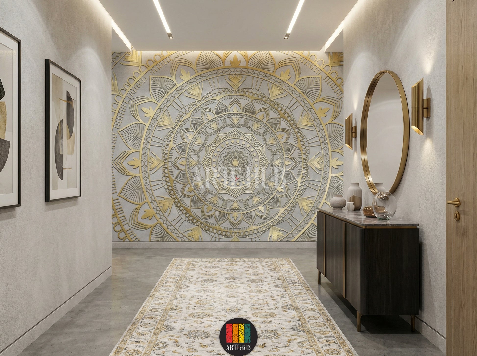 A luxurious hallway featuring a stunning gold 3D mandala patterned wallpaper. The wall art adds an opulent touch to the modern Egyptian interior design, complementing blue velvet chairs and a crystal chandelier. Perfect for stylish homes in Egypt.
ممر فاخر يتميز بورق حائط بتصميم ماندالا ذهبي ثلاثي الأبعاد. يضيف هذا التابلوه لمسة فنية راقية لديكورات المنازل العصرية في مصر، مع كراسي مخملية زرقاء وثريا كريستال.
room: hallway
