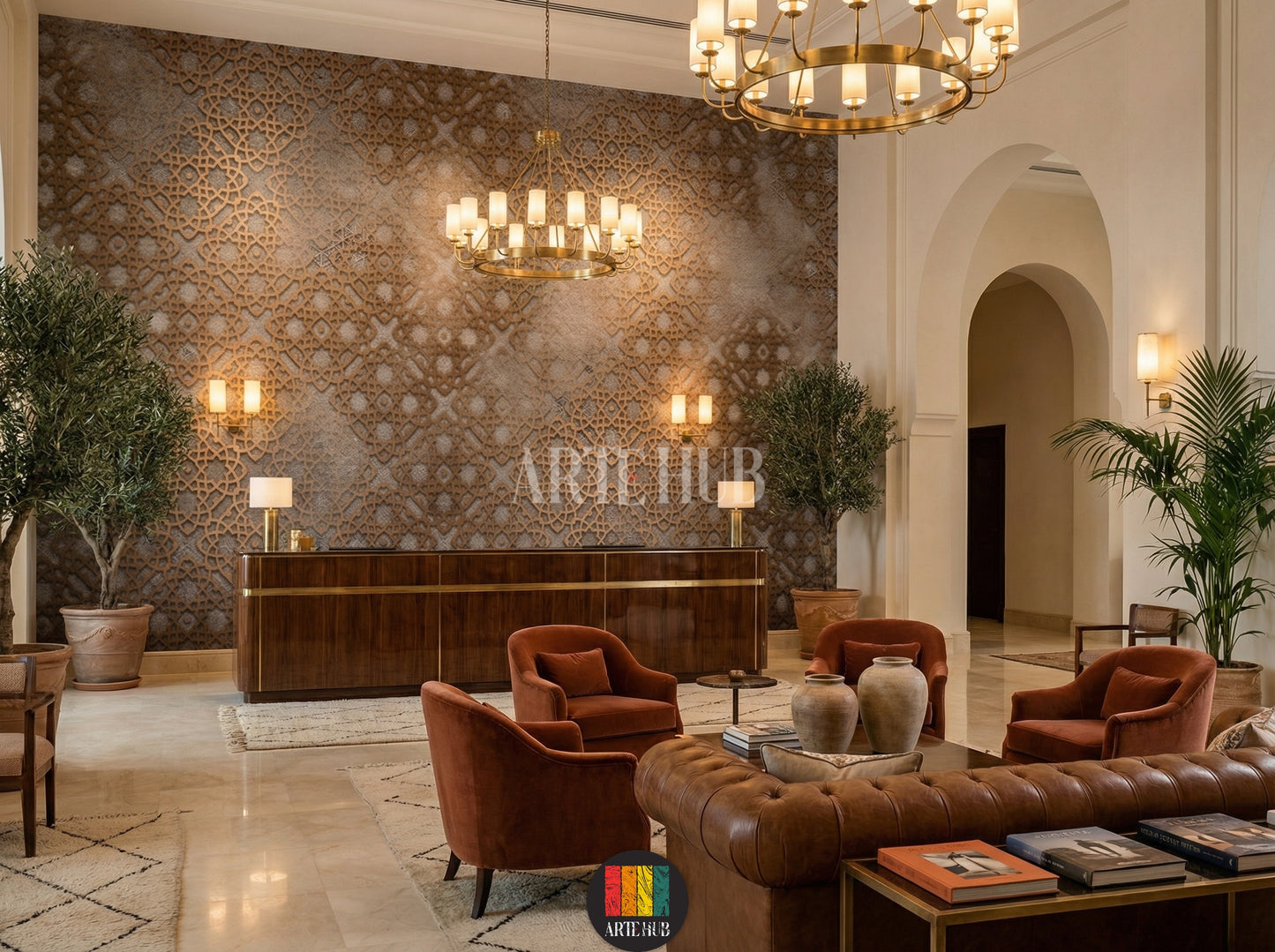 Textured grey and gold Islamic geometric wallpaper in an elegant Egyptian lobby. Features, white bedding, woven tables and lamps. Perfect decor for homes in Egypt.
ورق حائط بنقوش إسلامية هندسية باللون الرمادي والذهبي في ريسيبشن فندق مصري أنيق. يضم سرير خشبي، مفروشات بيضاء، طاولات جانبية منسوجة ومصابيح. ديكور مثالي للمنازل في مصر.
room: lobby