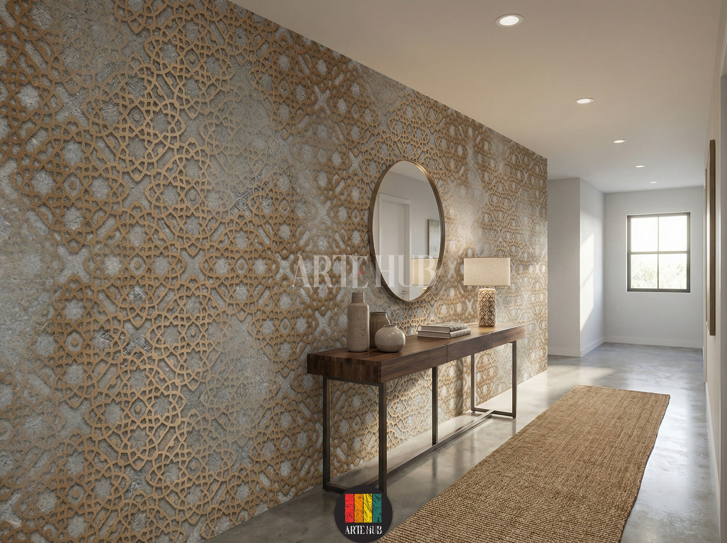 Textured grey and gold Islamic geometric wallpaper in an elegant Egyptian hallway. Features wooden , white bedding, woven tables and lamps. Perfect decor for homes in Egypt.
ورق حائط بنقوش إسلامية هندسية باللون الرمادي والذهبي في ممر أنيق يضممفروشات بيضاء، طاولات جانبية منسوجة ومصابيح. ديكور مثالي للمنازل في مصر.
room: hallway