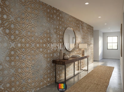 Textured grey and gold Islamic geometric wallpaper in an elegant Egyptian hallway. Features wooden , white bedding, woven tables and lamps. Perfect decor for homes in Egypt.
ورق حائط بنقوش إسلامية هندسية باللون الرمادي والذهبي في ممر أنيق يضممفروشات بيضاء، طاولات جانبية منسوجة ومصابيح. ديكور مثالي للمنازل في مصر.
room: hallway