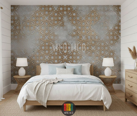Textured grey and gold Islamic geometric wallpaper in an elegant Egyptian bedroom. Features wooden bed, white bedding, woven tables and lamps. Perfect decor for homes in Egypt.
ورق حائط بنقوش إسلامية هندسية باللون الرمادي والذهبي في غرفة نوم مصرية أنيقة. يضم سرير خشبي، مفروشات بيضاء، طاولات جانبية منسوجة ومصابيح. ديكور مثالي للمنازل في مصر.
room: bedroom