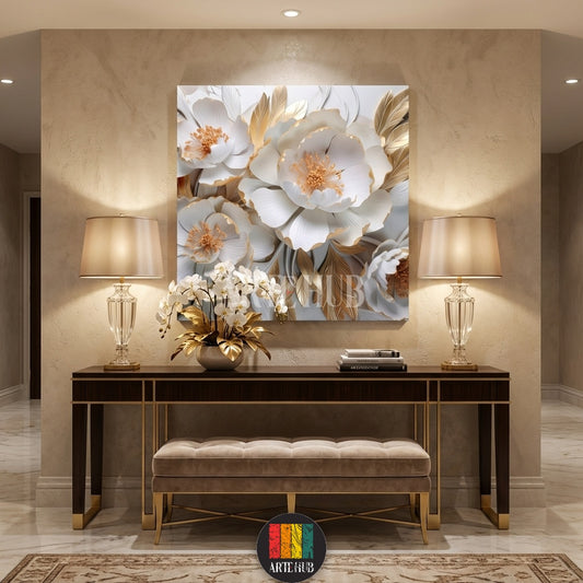 Elegant 3D white and gold floral canvas wall art, featuring intricate petals and gilded leaves. Adds a luxurious touch to a modern living room setting in Egypt.
تابلوه حائط فاخر بزهور ثلاثية الأبعاد بيضاء وذهبية، بتفاصيل دقيقة وزخارف ذهبية. مثالي لديكور غرف المعيشة العصرية في مصر.