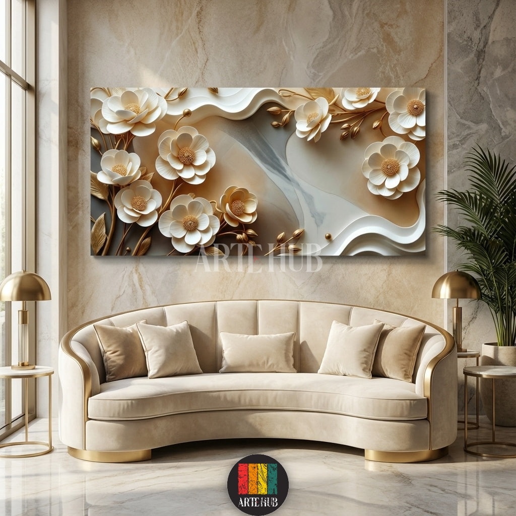 A stunning 3D effect canvas wall art depicting elegant white and gold sculpted flowers with abstract wavy patterns, displayed above a curved beige sofa in a luxurious Egyptian living room. Perfect for modern home decor in Egypt.
تابلوه فني جداري ثلاثي الأبعاد بزهور بيضاء وذهبية منحوتة وتصاميم مموجة مجردة، معلق فوق أريكة منحنية باللون البيج في غرفة معيشة فاخرة. مثالي لديكور المنازل العصرية في مصر.