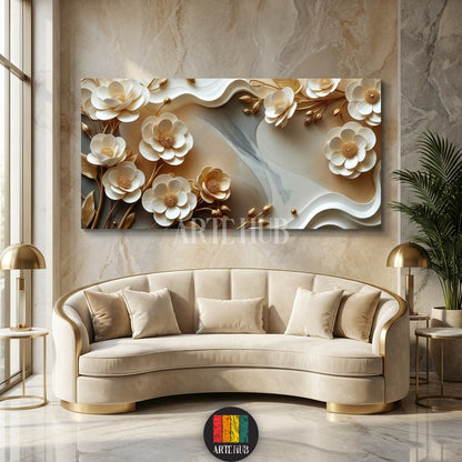 A stunning 3D effect canvas wall art depicting elegant white and gold sculpted flowers with abstract wavy patterns, displayed above a curved beige sofa in a luxurious Egyptian living room. Perfect for modern home decor in Egypt.
تابلوه فني جداري ثلاثي الأبعاد بزهور بيضاء وذهبية منحوتة وتصاميم مموجة مجردة، معلق فوق أريكة منحنية باللون البيج في غرفة معيشة فاخرة. مثالي لديكور المنازل العصرية في مصر.