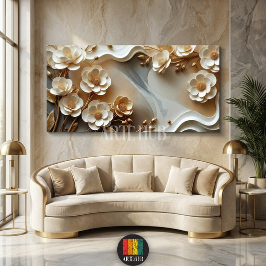 A stunning 3D effect canvas wall art depicting elegant white and gold sculpted flowers with abstract wavy patterns, displayed above a curved beige sofa in a luxurious Egyptian living room. Perfect for modern home decor in Egypt.
تابلوه فني جداري ثلاثي الأبعاد بزهور بيضاء وذهبية منحوتة وتصاميم مموجة مجردة، معلق فوق أريكة منحنية باللون البيج في غرفة معيشة فاخرة. مثالي لديكور المنازل العصرية في مصر.