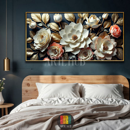 A close-up of a luxurious 3D floral wallpaper featuring white and pink flowers with gold leaves, framed on a dark wall above a wooden bed. Ideal for modern Egyptian interior design.
صورة تفصيلية لورق حائط فاخر ثلاثي الأبعاد يصور زهورًا بيضاء ووردية مع أوراق ذهبية مؤطرة على جدار داكن فوق سرير خشبي. مثالي لديكور المنازل الحديثة في مصر.