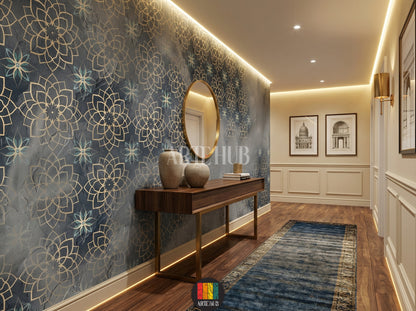 Detailed view of an opulent halway featuring a dark blue and gold Arabesque geometric pattern wallpaper, complete with blue sofas, ornate wooden tables, and brass lanterns, perfect for an Egyptian-inspired home decor in Egypt.
صورة تفصيلية لممر فاخر تتميز بورق حائط بنقوش أرابيسك هندسية ذهبية وزرقاء داكنة، مع أرائك زرقاء وطاولات خشبية مزخرفة وفوانيس نحاسية، مثالي لديكور منزلي راقي في مصر.
room: halway