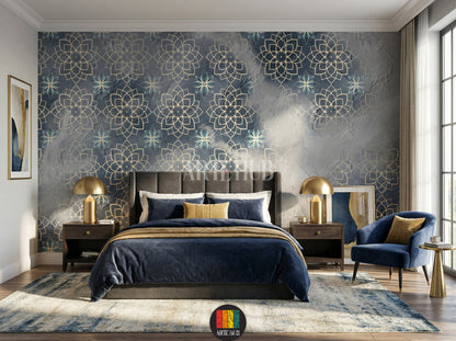 Detailed view of an opulent bedroom featuring a dark blue and gold Arabesque geometric pattern wallpaper, complete with blue sofas, ornate wooden tables, and brass lanterns, perfect for an Egyptian-inspired home decor in Egypt.
صورة تفصيلية لغرفة نوم فاخرة تتميز بورق حائط بنقوش أرابيسك هندسية ذهبية وزرقاء داكنة، مع أرائك زرقاء وطاولات خشبية مزخرفة وفوانيس نحاسية، مثالي لديكور منزلي راقي في مصر.
room: bedroom