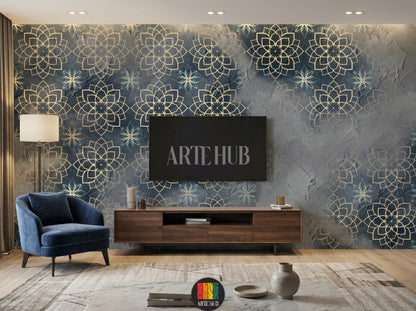 Detailed view of an opulent living room featuring a dark blue and gold Arabesque geometric pattern wallpaper, complete with blue sofas, ornate wooden tables, and brass lanterns, perfect for an Egyptian-inspired home decor in Egypt.
صورة تفصيلية لغرفة معيشة فاخرة تتميز بورق حائط بنقوش أرابيسك هندسية ذهبية وزرقاء داكنة، مع أرائك زرقاء وطاولات خشبية مزخرفة وفوانيس نحاسية، مثالي لديكور منزلي راقي في مصر.
room: tv 