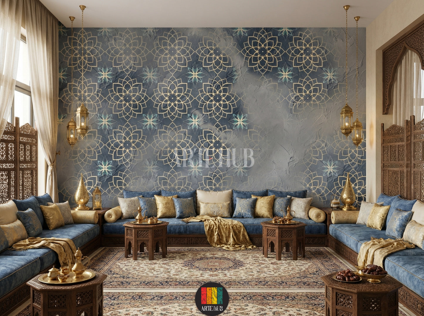 Detailed view of an opulent majles room featuring a dark blue and gold Arabesque geometric pattern wallpaper, complete with blue sofas, ornate wooden tables, and brass lanterns, perfect for an Egyptian-inspired home decor in Egypt.
صورة تفصيلية لغرفة معيشة فاخرة تتميز بورق حائط بنقوش أرابيسك هندسية ذهبية وزرقاء داكنة، مع أرائك زرقاء وطاولات خشبية مزخرفة وفوانيس نحاسية، مثالي لديكور منزلي راقي في مصر.
room: majles room