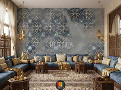 Detailed view of an opulent majles room featuring a dark blue and gold Arabesque geometric pattern wallpaper, complete with blue sofas, ornate wooden tables, and brass lanterns, perfect for an Egyptian-inspired home decor in Egypt.
صورة تفصيلية لغرفة معيشة فاخرة تتميز بورق حائط بنقوش أرابيسك هندسية ذهبية وزرقاء داكنة، مع أرائك زرقاء وطاولات خشبية مزخرفة وفوانيس نحاسية، مثالي لديكور منزلي راقي في مصر.
room: majles room