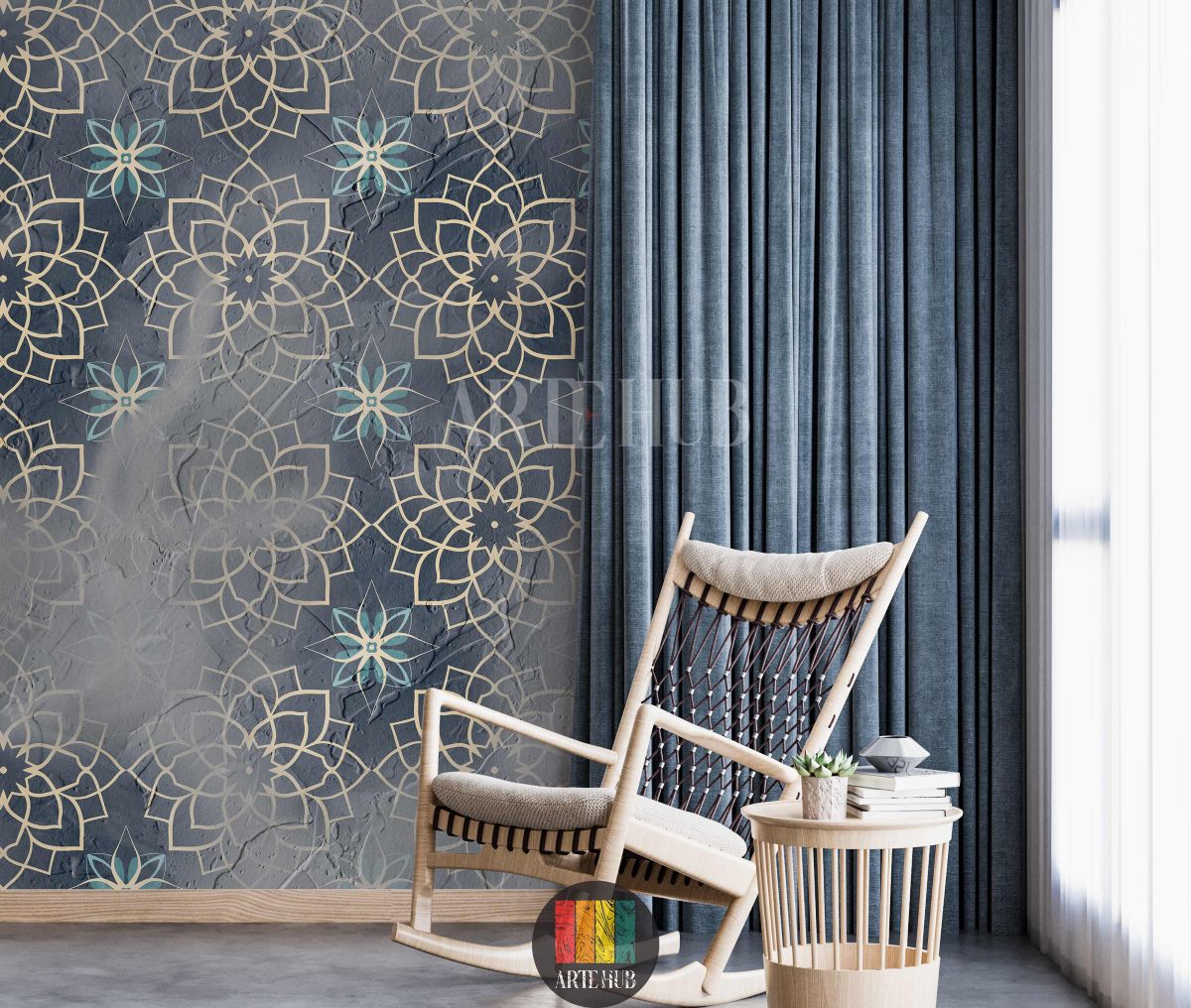 Detailed view of an opulent dining room featuring a dark blue and gold Arabesque geometric pattern wallpaper, complete with blue sofas, ornate wooden tables, and brass lanterns, perfect for an Egyptian-inspired home decor in Egypt.
صورة تفصيلية لغرفة سفرة فاخرة تتميز بورق حائط بنقوش أرابيسك هندسية ذهبية وزرقاء داكنة، مع أرائك زرقاء وطاولات خشبية مزخرفة وفوانيس نحاسية، مثالي لديكور منزلي راقي في مصر.
room: dining room
