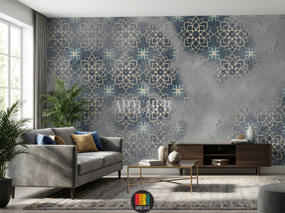Detailed view of an opulent living room featuring a dark blue and gold Arabesque geometric pattern wallpaper, complete with blue sofas, ornate wooden tables, and brass lanterns, perfect for an Egyptian-inspired home decor in Egypt.
صورة تفصيلية لغرفة معيشة فاخرة تتميز بورق حائط بنقوش أرابيسك هندسية ذهبية وزرقاء داكنة، مع أرائك زرقاء وطاولات خشبية مزخرفة وفوانيس نحاسية، مثالي لديكور منزلي راقي في مصر.
room: living room