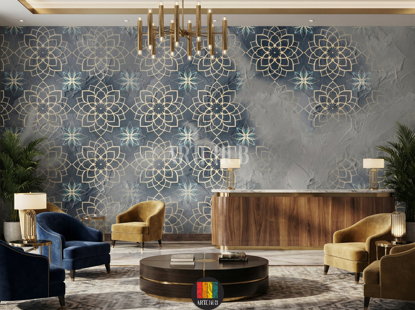 Detailed view of an opulent lobby featuring a dark blue and gold Arabesque geometric pattern wallpaper, complete with blue sofas, ornate wooden tables, and brass lanterns, perfect for an Egyptian-inspired home decor in Egypt.
صورة تفصيلية لريسيبشن فندق فاخر تتميز بورق حائط بنقوش أرابيسك هندسية ذهبية وزرقاء داكنة، مع أرائك زرقاء وطاولات خشبية مزخرفة وفوانيس نحاسية، مثالي لديكور منزلي راقي في مصر.
room: lobby