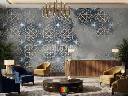 Detailed view of an opulent lobby featuring a dark blue and gold Arabesque geometric pattern wallpaper, complete with blue sofas, ornate wooden tables, and brass lanterns, perfect for an Egyptian-inspired home decor in Egypt.
صورة تفصيلية لريسيبشن فندق فاخر تتميز بورق حائط بنقوش أرابيسك هندسية ذهبية وزرقاء داكنة، مع أرائك زرقاء وطاولات خشبية مزخرفة وفوانيس نحاسية، مثالي لديكور منزلي راقي في مصر.
room: lobby