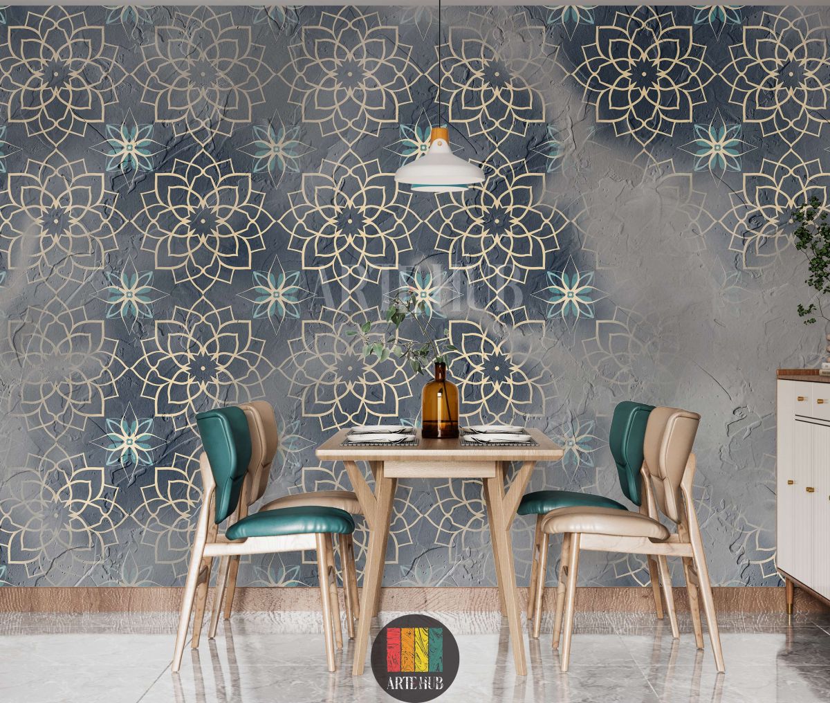 Detailed view of an opulent dining room featuring a dark blue and gold Arabesque geometric pattern wallpaper, complete with blue sofas, perfect for an Egyptian-inspired home decor in Egypt.
صورة تفصيلية لغرفة سفرة فاخرة تتميز بورق حائط بنقوش أرابيسك هندسية ذهبية وزرقاء داكنة، مع أرائك زرقاء وطاولات خشبية مزخرفة وفوانيس نحاسية، مثالي لديكور منزلي راقي في مصر.
room: dining room