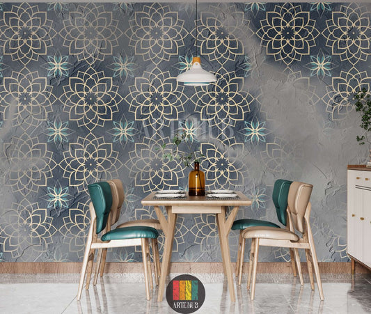 Detailed view of an opulent dining room featuring a dark blue and gold Arabesque geometric pattern wallpaper, complete with blue sofas, perfect for an Egyptian-inspired home decor in Egypt.
صورة تفصيلية لغرفة سفرة فاخرة تتميز بورق حائط بنقوش أرابيسك هندسية ذهبية وزرقاء داكنة، مع أرائك زرقاء وطاولات خشبية مزخرفة وفوانيس نحاسية، مثالي لديكور منزلي راقي في مصر.
room: dining room