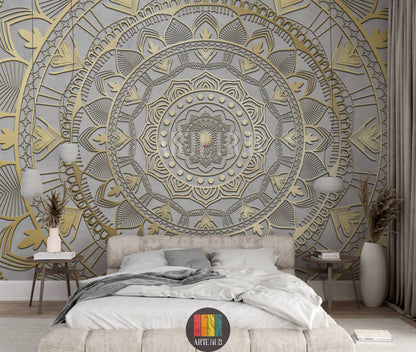 A luxurious bedroom featuring a stunning gold 3D mandala patterned wallpaper. The wall art adds an opulent touch to the modern Egyptian interior design, complementing blue velvet chairs and a crystal chandelier. Perfect for stylish homes in Egypt.
غرفة نوم فاخرة تتميز بورق حائط بتصميم ماندالا ذهبي ثلاثي الأبعاد. يضيف هذا التابلوه لمسة فنية راقية لديكورات المنازل العصرية في مصر، مع كراسي مخملية زرقاء وثريا كريستال.
room: bedroom