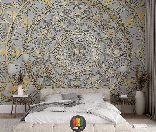 A luxurious bedroom featuring a stunning gold 3D mandala patterned wallpaper. The wall art adds an opulent touch to the modern Egyptian interior design, complementing blue velvet chairs and a crystal chandelier. Perfect for stylish homes in Egypt.
غرفة نوم فاخرة تتميز بورق حائط بتصميم ماندالا ذهبي ثلاثي الأبعاد. يضيف هذا التابلوه لمسة فنية راقية لديكورات المنازل العصرية في مصر، مع كراسي مخملية زرقاء وثريا كريستال.
room: bedroom