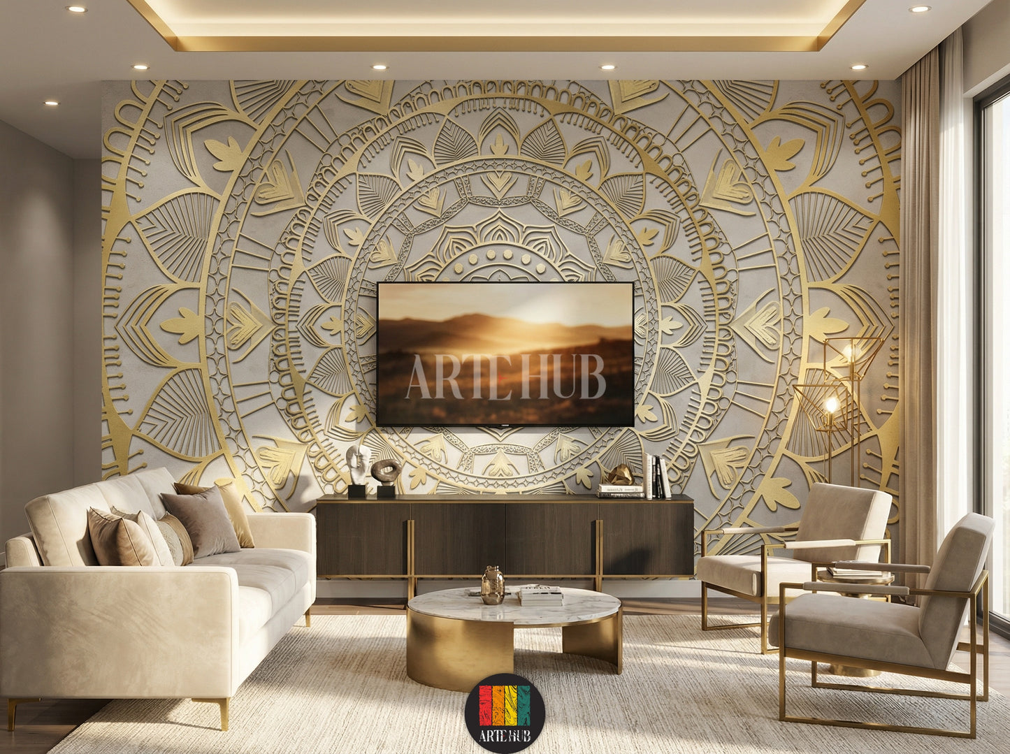 A luxurious living room featuring a stunning gold 3D mandala patterned wallpaper. The wall art adds an opulent touch to the modern Egyptian interior design, complementing blue velvet chairs and a crystal chandelier. Perfect for stylish homes in Egypt.
غرفة معيشة فاخرة تتميز بورق حائط بتصميم ماندالا ذهبي ثلاثي الأبعاد. يضيف هذا التابلوه لمسة فنية راقية لديكورات المنازل العصرية في مصر، مع كراسي مخملية زرقاء وثريا كريستال.
room: living room