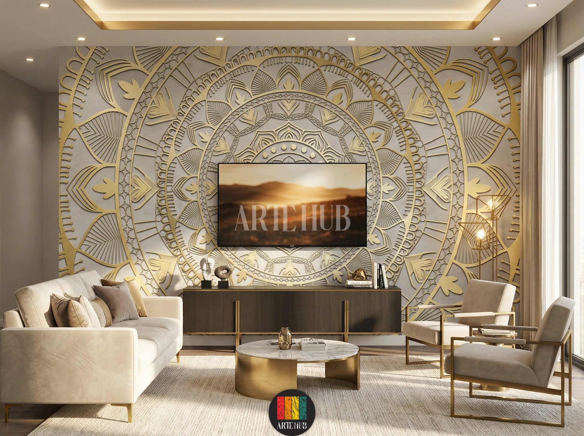 A luxurious living room featuring a stunning gold 3D mandala patterned wallpaper. The wall art adds an opulent touch to the modern Egyptian interior design, complementing blue velvet chairs and a crystal chandelier. Perfect for stylish homes in Egypt.
غرفة معيشة فاخرة تتميز بورق حائط بتصميم ماندالا ذهبي ثلاثي الأبعاد. يضيف هذا التابلوه لمسة فنية راقية لديكورات المنازل العصرية في مصر، مع كراسي مخملية زرقاء وثريا كريستال.
room: living room