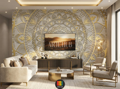 A luxurious living room featuring a stunning gold 3D mandala patterned wallpaper. The wall art adds an opulent touch to the modern Egyptian interior design, complementing blue velvet chairs and a crystal chandelier. Perfect for stylish homes in Egypt.
غرفة معيشة فاخرة تتميز بورق حائط بتصميم ماندالا ذهبي ثلاثي الأبعاد. يضيف هذا التابلوه لمسة فنية راقية لديكورات المنازل العصرية في مصر، مع كراسي مخملية زرقاء وثريا كريستال.
room: living room