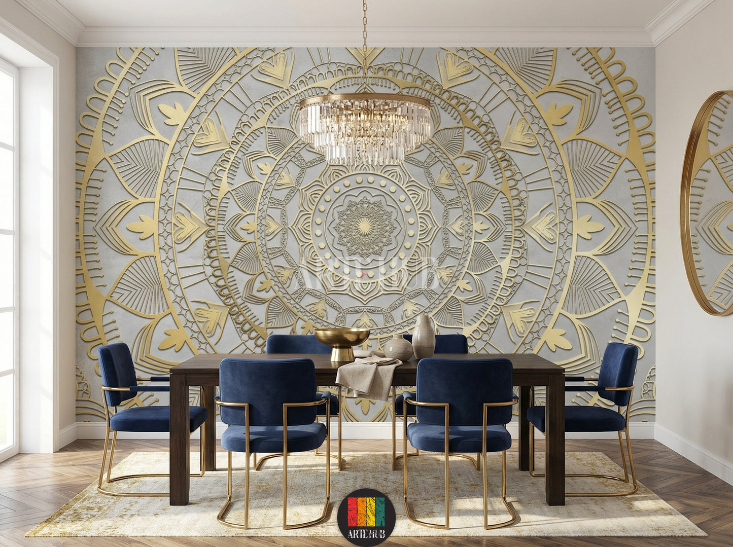 A luxurious dining room featuring a stunning gold 3D mandala patterned wallpaper. The wall art adds an opulent touch to the modern Egyptian interior design, complementing blue velvet chairs and a crystal chandelier. Perfect for stylish homes in Egypt.
غرفة طعام فاخرة تتميز بورق حائط بتصميم ماندالا ذهبي ثلاثي الأبعاد. يضيف هذا التابلوه لمسة فنية راقية لديكورات المنازل العصرية في مصر، مع كراسي مخملية زرقاء وثريا كريستال.
room: dining room