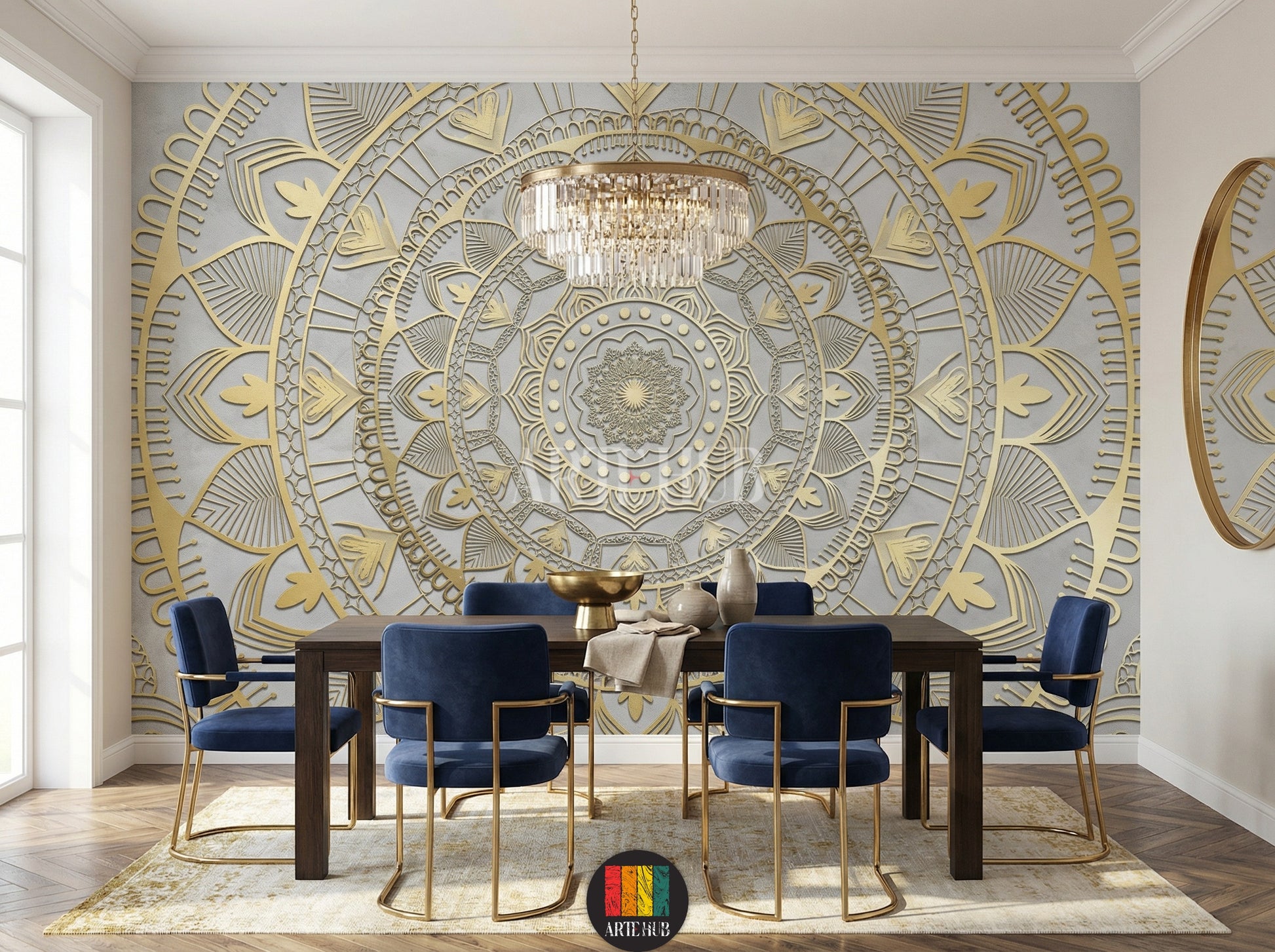 A luxurious dining room featuring a stunning gold 3D mandala patterned wallpaper. The wall art adds an opulent touch to the modern Egyptian interior design, complementing blue velvet chairs and a crystal chandelier. Perfect for stylish homes in Egypt.
غرفة طعام فاخرة تتميز بورق حائط بتصميم ماندالا ذهبي ثلاثي الأبعاد. يضيف هذا التابلوه لمسة فنية راقية لديكورات المنازل العصرية في مصر، مع كراسي مخملية زرقاء وثريا كريستال.
room: dining room