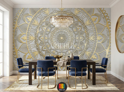A luxurious dining room featuring a stunning gold 3D mandala patterned wallpaper. The wall art adds an opulent touch to the modern Egyptian interior design, complementing blue velvet chairs and a crystal chandelier. Perfect for stylish homes in Egypt.
غرفة طعام فاخرة تتميز بورق حائط بتصميم ماندالا ذهبي ثلاثي الأبعاد. يضيف هذا التابلوه لمسة فنية راقية لديكورات المنازل العصرية في مصر، مع كراسي مخملية زرقاء وثريا كريستال.
room: dining room