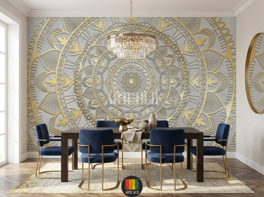 A luxurious dining room featuring a stunning gold 3D mandala patterned wallpaper. The wall art adds an opulent touch to the modern Egyptian interior design, complementing blue velvet chairs and a crystal chandelier. Perfect for stylish homes in Egypt.
غرفة طعام فاخرة تتميز بورق حائط بتصميم ماندالا ذهبي ثلاثي الأبعاد. يضيف هذا التابلوه لمسة فنية راقية لديكورات المنازل العصرية في مصر، مع كراسي مخملية زرقاء وثريا كريستال.
room: dining room
