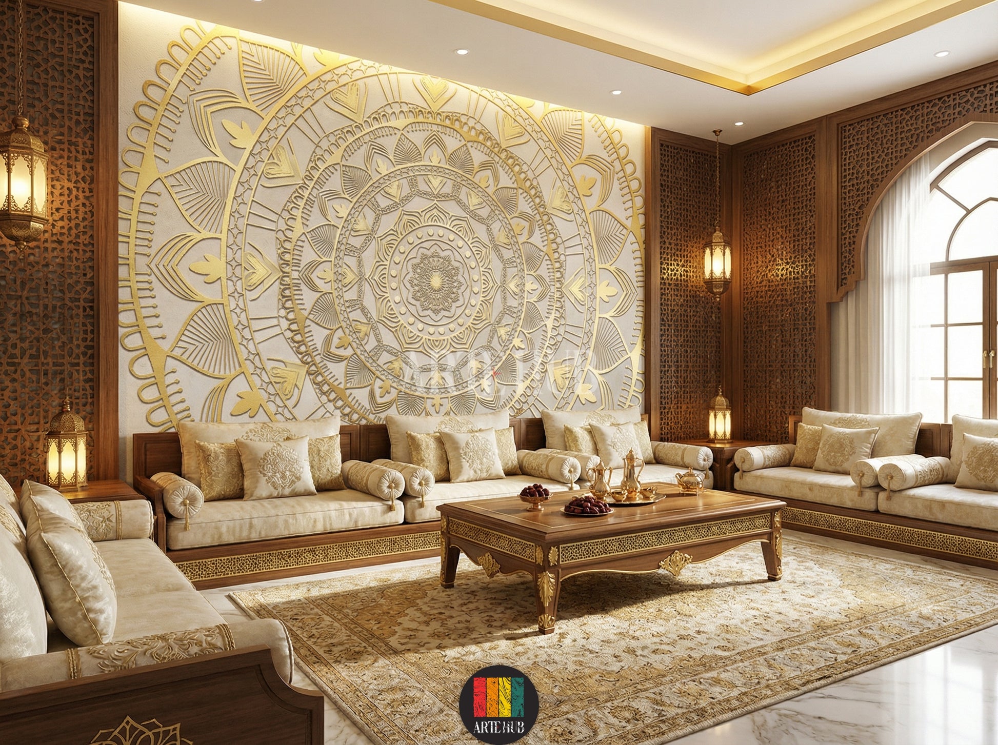 A luxuriou majles room featuring a stunning gold 3D mandala patterned wallpaper. The wall art adds an opulent touch to the modern Egyptian interior design, complementing blue velvet chairs and a crystal chandelier. Perfect for stylish homes in Egypt.
غرفة مجلس فاخرة يتميز بورق حائط بتصميم ماندالا ذهبي ثلاثي الأبعاد. يضيف هذا التابلوه لمسة فنية راقية لديكورات المنازل العصرية في مصر، مع كراسي مخملية زرقاء وثريا كريستال.
room: majles room