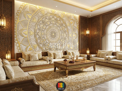 A luxuriou majles room featuring a stunning gold 3D mandala patterned wallpaper. The wall art adds an opulent touch to the modern Egyptian interior design, complementing blue velvet chairs and a crystal chandelier. Perfect for stylish homes in Egypt.
غرفة مجلس فاخرة يتميز بورق حائط بتصميم ماندالا ذهبي ثلاثي الأبعاد. يضيف هذا التابلوه لمسة فنية راقية لديكورات المنازل العصرية في مصر، مع كراسي مخملية زرقاء وثريا كريستال.
room: majles room