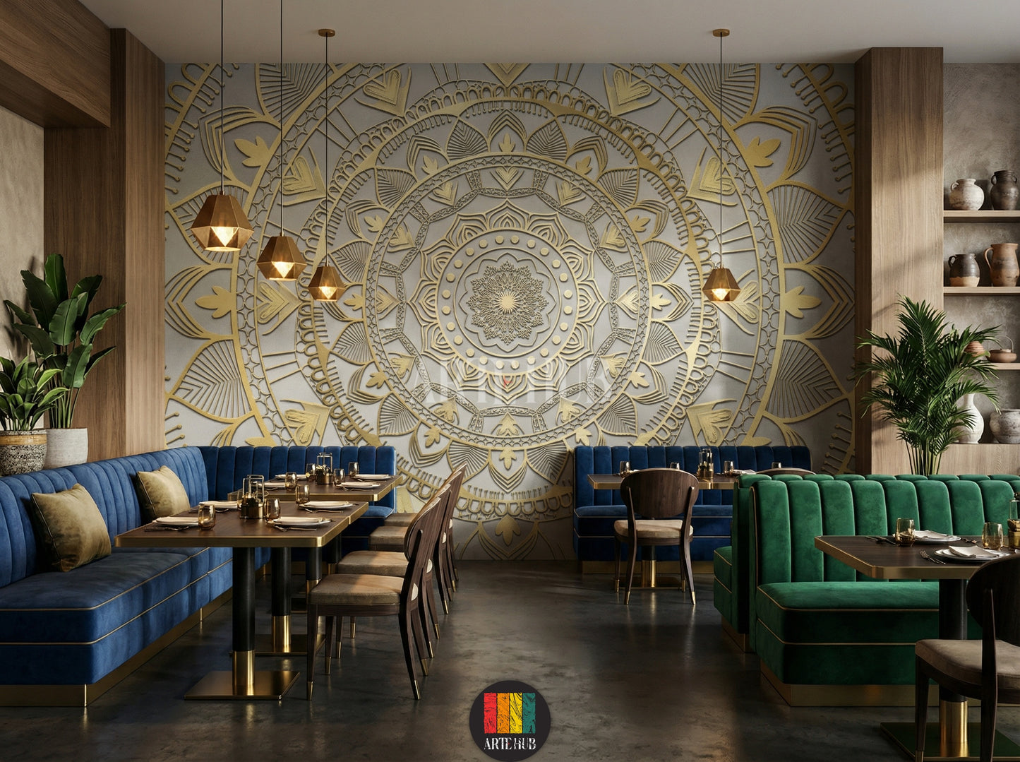 A luxurious restaurant featuring a stunning gold 3D mandala patterned wallpaper. The wall art adds an opulent touch to the modern Egyptian interior design, complementing blue velvet chairs and a crystal chandelier. Perfect for stylish homes in Egypt.
مطعم فاخر يتميز بورق حائط بتصميم ماندالا ذهبي ثلاثي الأبعاد. يضيف هذا التابلوه لمسة فنية راقية لديكورات المنازل العصرية في مصر، مع كراسي مخملية زرقاء وثريا كريستال.
room: restaurant