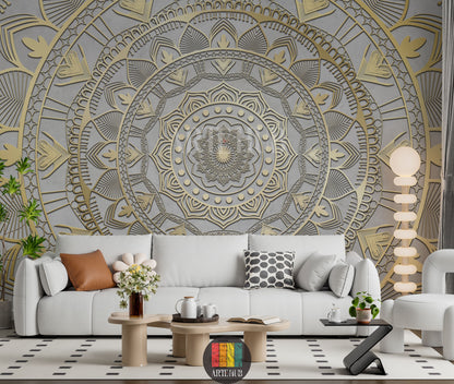 A luxurious living room featuring a stunning gold  mandala patterned wallpaper. The wall art an opulent touch to the modern Egyptian interior design, complementing blue velvet chairs and a crystal chandelier. Perfect for stylish homes in Egypt.
غرفة معيشة فاخرة تتميز بورق حائط بتصميم ماندالا ذهبي ثلاثي الأبعاد. يضيف هذا التابلوه لمسة فنية راقية لديكورات المنازل العصرية في مصر، مع كراسي مخملية زرقاء وثريا كريستال.
room: living room