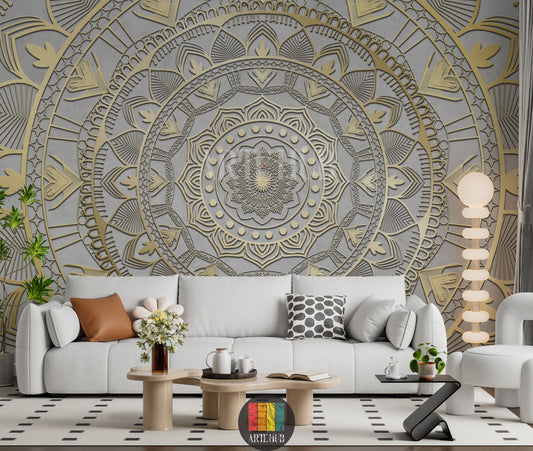 A luxurious living room featuring a stunning gold  mandala patterned wallpaper. The wall art an opulent touch to the modern Egyptian interior design, complementing blue velvet chairs and a crystal chandelier. Perfect for stylish homes in Egypt.
غرفة معيشة فاخرة تتميز بورق حائط بتصميم ماندالا ذهبي ثلاثي الأبعاد. يضيف هذا التابلوه لمسة فنية راقية لديكورات المنازل العصرية في مصر، مع كراسي مخملية زرقاء وثريا كريستال.
room: living room