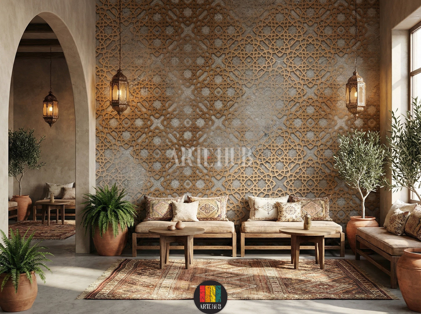 Textured grey and gold Islamic geometric wallpaper in an elegant Egyptian cafe. Features wooden bed, white bedding, woven tables and lamps. Perfect decor for homes in Egypt.
ورق حائط بنقوش إسلامية هندسية باللون الرمادي والذهبي في كافية مصرية أنيقة. يضم سرير خشبي، مفروشات بيضاء، طاولات جانبية منسوجة ومصابيح. ديكور مثالي للمنازل في مصر.
room: cafe