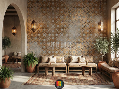 Textured grey and gold Islamic geometric wallpaper in an elegant Egyptian cafe. Features wooden bed, white bedding, woven tables and lamps. Perfect decor for homes in Egypt.
ورق حائط بنقوش إسلامية هندسية باللون الرمادي والذهبي في كافية مصرية أنيقة. يضم سرير خشبي، مفروشات بيضاء، طاولات جانبية منسوجة ومصابيح. ديكور مثالي للمنازل في مصر.
room: cafe