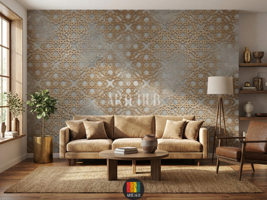 Textured grey and gold Islamic geometric wallpaper in an elegant Egyptian living room. Features, white bedding, woven tables and lamps. Perfect decor for homes in Egypt.
ورق حائط بنقوش إسلامية هندسية باللون الرمادي والذهبي في غرفة معيشة مصرية أنيقة. يضم سرير خشبي، مفروشات بيضاء، طاولات جانبية منسوجة ومصابيح. ديكور مثالي للمنازل في مصر.
room: living room