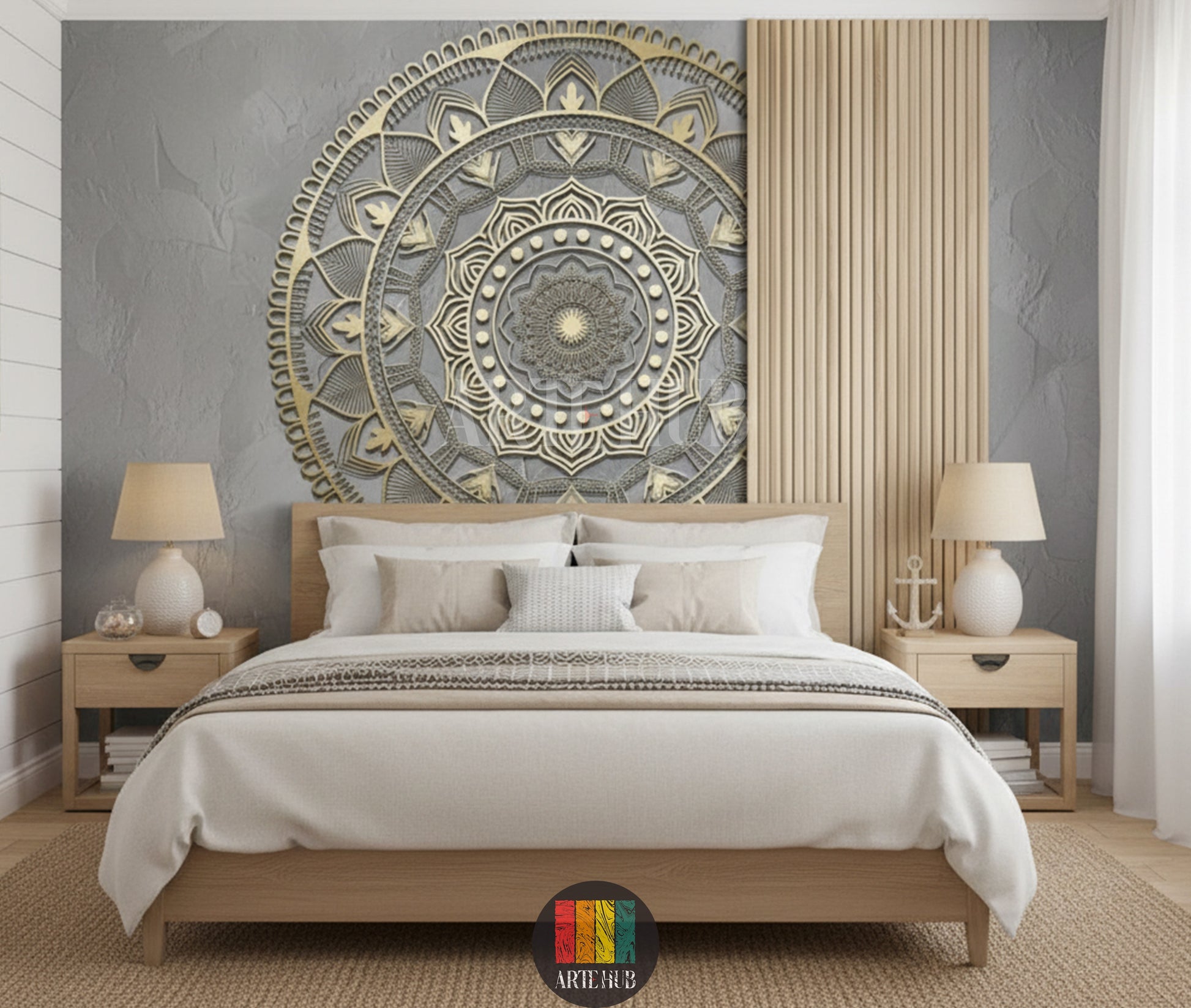 A luxurious modern bedroom features a large, detailed 3D golden mandala wallpaper on a grey accent wall, enhancing contemporary decor in Egypt.
صورة لغرفة نوم عصرية فاخرة، تتميز بورق حائط ماندالا ذهبي ثلاثي الأبعاد كبير ومفصل على حائط رمادي، يعزز الديكور المعاصر في مصر.
room: bedroom
