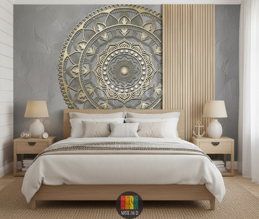 A luxurious modern bedroom features a large, detailed 3D golden mandala wallpaper on a grey accent wall, enhancing contemporary decor in Egypt.
صورة لغرفة نوم عصرية فاخرة، تتميز بورق حائط ماندالا ذهبي ثلاثي الأبعاد كبير ومفصل على حائط رمادي، يعزز الديكور المعاصر في مصر.
room: bedroom