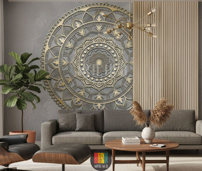 A luxurious modern living room features a large, detailed 3D golden mandala wallpaper on a grey accent wall, enhancing contemporary decor in Egypt.
صورة لغرفة معيشة عصرية فاخرة، تتميز بورق حائط ماندالا ذهبي ثلاثي الأبعاد كبير ومفصل على حائط رمادي، يعزز الديكور المعاصر في مصر.
room: living room